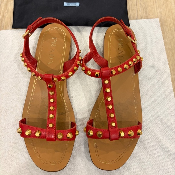 Prada Red Studded Leather Flat Sandals Size 36.5 - Picture 1 of 7